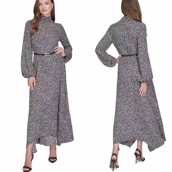 HALSTON Smock-Neck Long-Sleeve Belted Chiffon Dress Leopard Print Size 2 - Picture 6 of 8